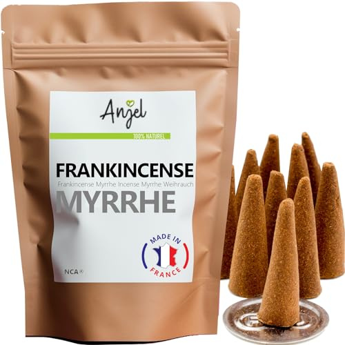 NCA - 10 Coni di Incenso Profumato Frankincense & Myrrhe, 100% Naturale per Rilassamento, Meditazione, Purificazione + Bruciatore Porta Incenso in Omaggio