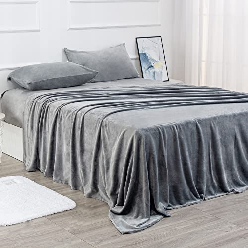 Micro Fleece Bed Sheet Set Twin Size,Velvet Plush Sheets and Pillowcase Set with Extra Deep Pockets, Extra Soft, No Pilling and Cozy Warmth for All Season (Twin Grey 3 Piece)