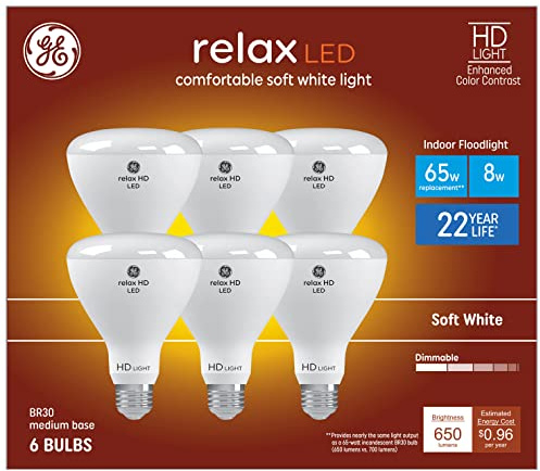 GE Relax 6-Pack 65 W Equivalent Dimmable Soft White Br30 LED Light Fixture Light Bulb 22 Year Life