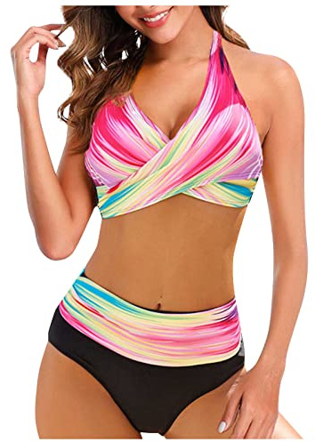 Bandeau Maillot De Bain Femme Grande Taille Taille Haute Amincissant Ensemble Ventre Plat Ete Maillot De Bain Femme Pas Cher Marque Sport Natation Tankini Vetement Rose XXL