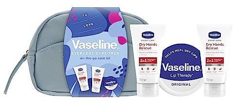 Vaseline On-The-Go Beauty Bag Gift Set with 2 anti-bac hand creams and a lip balm for moisturised lips and hands 3 piece