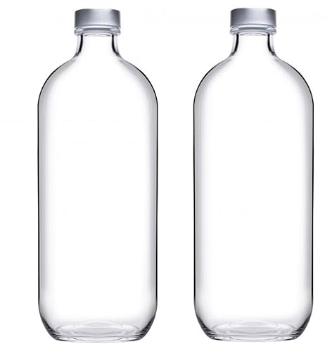 Tradineur - Pack de 2 Botellas de Vidrio de 1 litro, tapón de Acero, Agua fría o Caliente, Bebidas, té Helado, Limonada, frigorífico, Camping - 25,5 x 9,5 cm