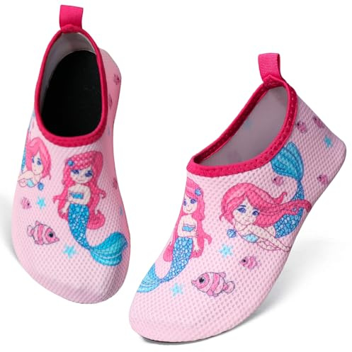 TMEOG Water Shoes Kids Beach Swim Shoes Slipfree Pool Shoes Toddler Aqua Sea Wet Shoes Quick Dry Wetsuit Barefoot Shoes for Boys Girls(MER-Pink,8.5-9)