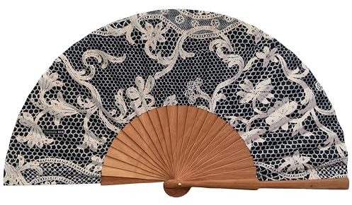 Spanischer Handfächer Bolillo Negro–Holz und Baumwolle–23 cm–Etui und Bezug aus Jute–Modeaccessoire–Handgefertigt in Spanien–Events und Geschenke Traditions kollektion–Tusitala Barcelona