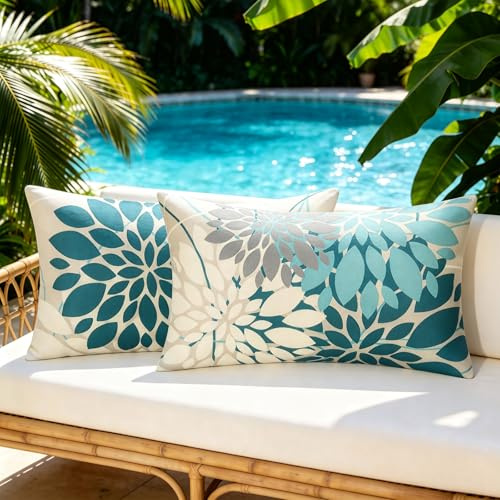 Azul Fundas de Cojines 30x50 CM Exterior Dalia Fundas Cojines Impermeable Funda Cojin Exterior Decorativo Verano Sofa Moderno Lino por Salon Jardín Sofá Cojines Decoración 2 Piezas