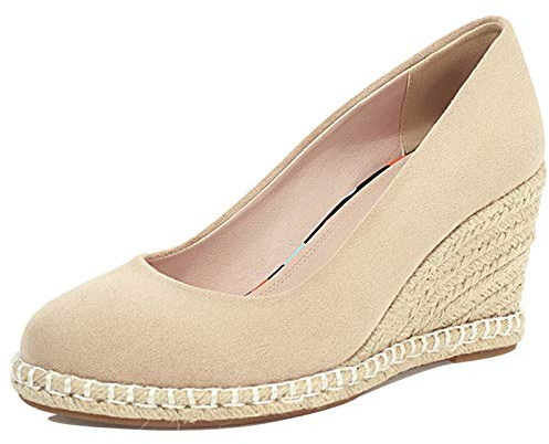 Gicoiz Compensées Espadrille Femmes Bout Rond Plateforme Escarpin A Enfiler Eté Mariage Comfy Bout Fermé Talons Hauts Décontractée Escarpin Chaussures Beige Taille 37 EU-38Cn
