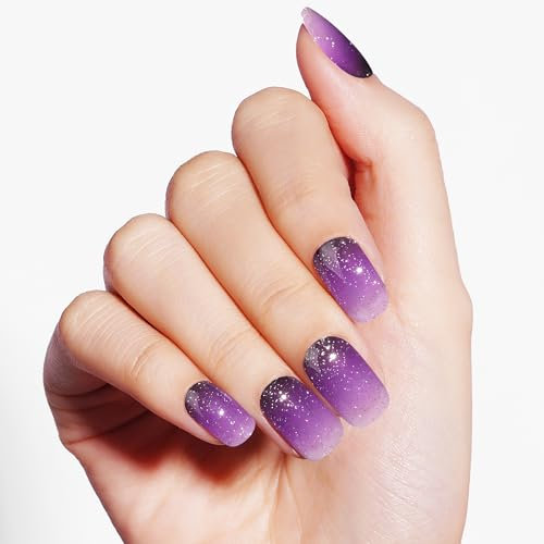 DANNI & TONI Semi Cured Nail Strips,Ombre Violet Translucent Soft Self-Adhesive Gel Nail Stickers,Fine Glitter Salon-Quality Gel Nail Polish Strips (Ursula) 28Pcs