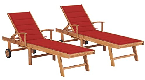 ZEYUAN Tumbonas 2 uds Madera Maciza de Teca con cojín Rojo, Tumbonas Jardin Exterior, Tumbona Piscina, Sun Lounger, Tumbonas De Jardin, Cama Jardin Exterior, Tumbona De Playa