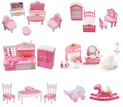 JOAASU Muebles Casa de Muñecas, 34 Piezas Mini Muebles de Casa de Muñecas, Juegos de Muebles en Miniatura, Juego de Muebles para Casas de Muñecas, Incluye Cocina, Sala, Dormitorio, Baño