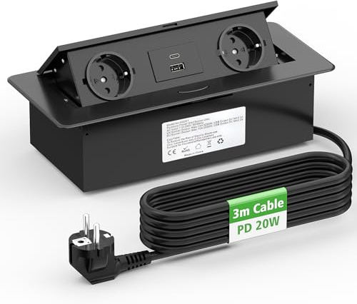 Sänkbar grenuttag USB C PD20 W och 3 M-kabel, aluminium inbyggt uttag, infällbar 2 fack med USB, bordsskiva sänkt uttag för bänkskiva kök kontor 2500 W/10 A