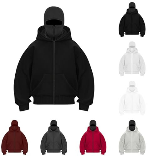 Bastwahl Ninja Hoodie Herren Schwarz mit Sturmhaube - Winter Wärme Pullover Hoodie mit Reißverschluss und Taschen Kapuzenpullover Sweatshirt Jacke