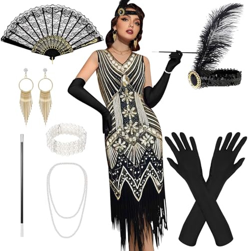 Costume des années 20 pour femme, col en V, paillettes, perles, franges, robe des années 20 avec accessoires des années 20, costume de carnaval avec compartiments, pour carnaval, fêtes, danses, taille