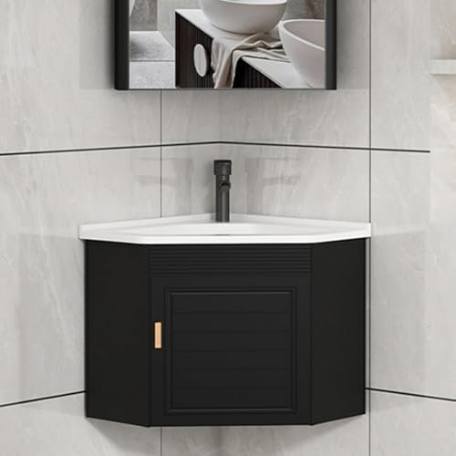 Pounjsd Eckwaschbecken Mit Unterschrank, Aufsatzwaschbecken klein, Keramik Eckwaschbecken, Waschbecken Gäste WC, Waschschale mit Ablagefach, Platzsparendes Hänge-Waschbecken, Schwebender Wandschrank
