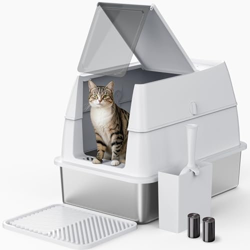 FURTIME Katzenklo Edelstahl mit Deckel, XXL Große Katzentoilette Edelstahl Reinigen und Geruchsresistent, Geschlossene Katzenklo mit Schaufel und Mülleimer, Geeignet für große Katzen/mehrere Katzen