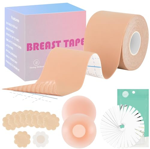 AOOWU Premium boob tejp, bh push up utan remmar, bröstband med 10 st bröstvårtsskydd & 41 st mode tejp, starkt vidhäftande, boobytejp för rygglös klänning och brudklänning