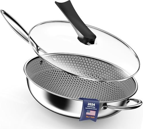 Kiseely Padella Wok, Wok ibrido per friggere da 34cm con coperchio, Wok antiaderente con manico Stay-Cool, compatibile con tutti i piani cottura compresi quelli a induzione (AK1)