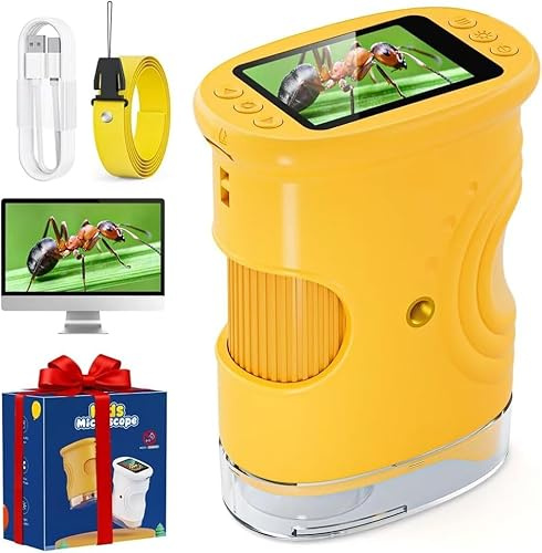 Microscopio Digital para niños, Temodu Pantalla IPS de 2.0'', 1000X Mini Microscopio Exterior Electrónico Recargables, con 8 Luces LED, Regalo para Cumpleaños Cumpleaños/Navidad/Año Nuevo (382-Yellow)