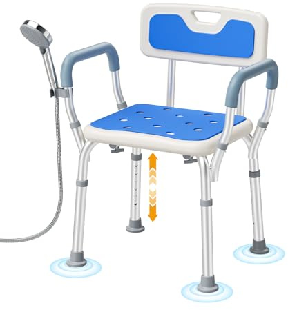 Jradse Silla de Ducha con Brazos y Respaldo, Asiento de Ducha Ajustable Taburete de Baño Antideslizante para Ancianos Discapacitados Embarazadas