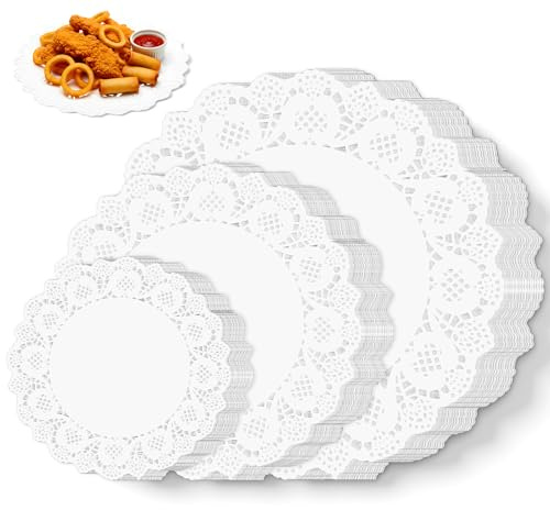 90er-Pack Runde Weiße Papierdeckchen, 8,5 10,5 und 12 Verschiedene Größen Spitzenpapier für Tische, Einweg- und Ölbeständige Platzsets für Party, Hochzeit, Kuchen Dessert Serviertablett