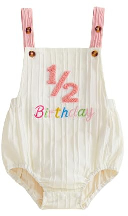 Geagodelia Infant Baby Boy Girl Half Birthday Overalls 1/2 Embroidery Romper Sleeveless Jumpsuit Newborn Bodysuit Half Birthday Outfits for Boys Girls Cake Smash Clothes Daywear (Pink, 3-6 Months)