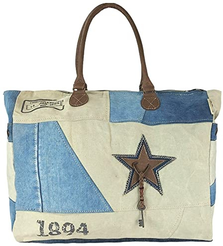 Sunsa Damen Handtasche. XXL Tasche aus Canvas recycelte Jeans & Leder. Nachhaltige Strandtasche/Weekender in Vintage Stil mit Stern. Schultertasche als Geschenkideen für Frauen