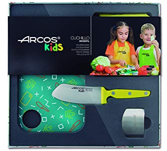 Arcos Kids, Set de Cocina para niños, Cuchillo infantil + Delantal + Tabla de corte + Protector de dedos, Color Amarillo