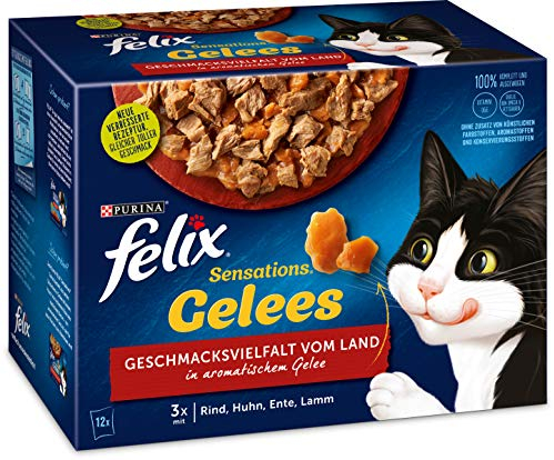 Felix Katzennassfutter Sensations Gelees Geschmacksvielfalt vom Land, 6er Pack (6 x 12 x 85 g )Portionsbeutel