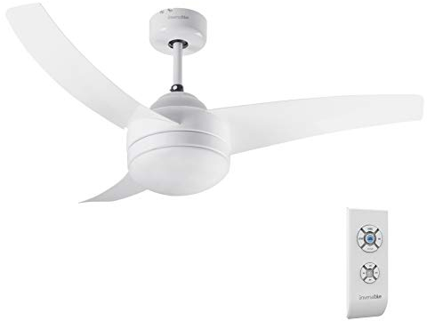UNIVERSALBLUE Ventilador de techo con luz | Color blanco | Temporizador y mando a distancia | 3 velocidades | 3 aspas | 106 cm | 60W | Estancias hasta 21m2