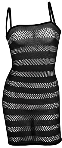ds. distinctive style Fishnet Lingerie Women Bodysuit Strapless Nightwear One Size Chemise for Lady for Women (Strap Style Black) (Black)