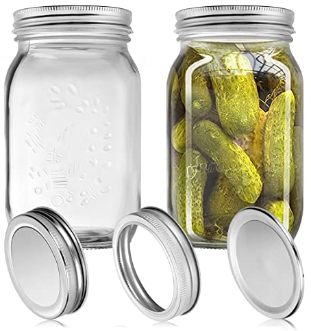 YUEYEE Lot de 2 bocaux Mason Jar en verre de 1 l avec couvercles de conserve gratuits pour fermenter des cornichons, des concombres, des tomates, des aliments, des pâtes, des biscuits, des noix, des