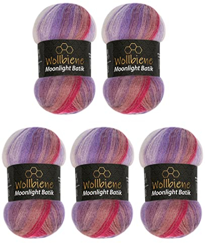 Wollbiene Moonlight Batik 5 x 100g Strickwolle 500 Gramm Wolle zum Stricken und Häkeln 20% Wolle türkische Wolle Farbverlaufswolle Strickwolle (3080 lila rot rosa), Moonlight Batik01