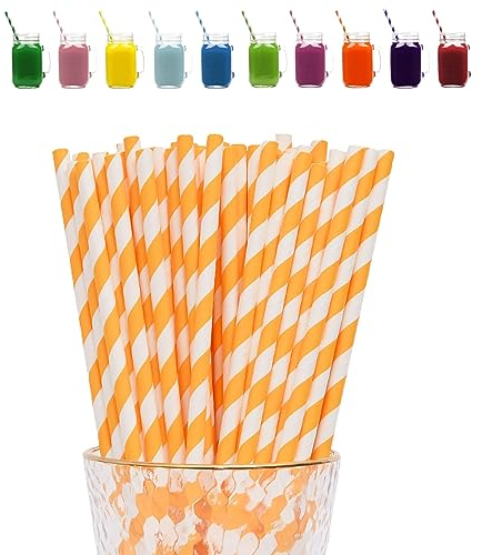 Orange Stripes Drinking Straws-100Pack Straws Paper for Kids,Assorted Biodegradable Straws for Drinking Straws Drinking Straw Recyclable,Stripes Drinking Straws for Xmas Halloween Party Decor