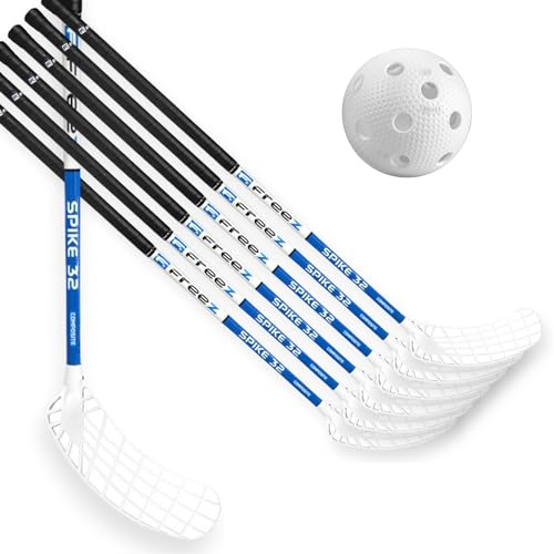 mb-m® Set FreeZ Spike 32 blå senior – 12 klubbor + 10 bollar golvboll unihockey