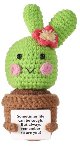 lasuroa Cactus Positif, 13,5cm Plantes Vertes Positives au Crochet Jouet de Poupée Tricoté Drôle Tenant Une Carte d'Encouragement Petit Cactus Décorations pour Fête Mexicaine Anniversaire Cadeau