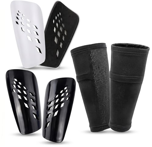FIBOGOUP Lot de 2 paires de protège-tibias football - Avec poche d'insertion optimisée - Chaussettes antidérapantes - Protège-tibias pour enfants - Taille L