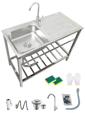 Jpquantrics Freistehende Outdoor Spüle Küche Waschbecken Edelstahl Spülbecken mit Wasserhahn & Ablageflächen,Einfach Zu Montieren, Waschtrog Spültisch für Restaurant Bar Garage Terrassen(83x50xH75cm)