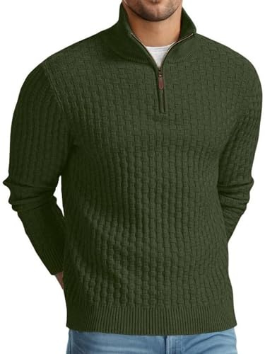 QIXING Men's Quarter Zip Jumper Cable Knit Mock Neck Waffle Pattern Sweater Soft Casual Pullover with Ribbed Edges (Army Green, L)