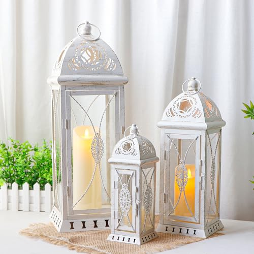 TRIROCKS Set of 3 Large Decorative Candle Lanterns 22''&16&11 H Vintage Candle Holders for Garden Yard Patio Wedding Parties Events Christmas Indoors Outdoors(Beige with Gold Brush)