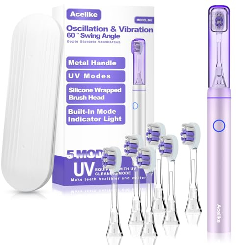 Metal Electric Toothbrush with UV Mode, Vibration and Oscillation Electric Toothbrush for Adults, 6 Brush Heads & Travel Case & Dust Cover, 5 Modes & Built in Timer, One Charge Last 120 Day（Rose）