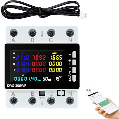 Compteur electrique triphasé wifi Wattmetre 80A 220V AC Amperemetre 3 phases 4 conducteurs avec protection contre les pannes de courant/surtempérature/sous-tension/surintensité/surpuissance etc.