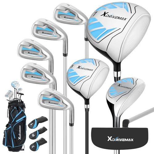 10 teiliges komplettes Golfschläger Set Herren,Golf Set Rechtshänder,Inklusive Standtasche mit Regenhaube, 1#Driver 3#Wood #5 Hybrid,mit 3 Kopfhauben, 6# 7# 8# 9# PW# Eisen und Putter