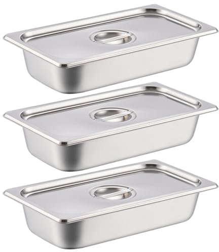 3 bandejas de empanado, bandeja de alimentos de acero inoxidable de 12.8x6.9x2.6 pulgadas con tapa y mango, recipientes de comida espesados ​​y apilables para el hogar, comedor, restaurante &&