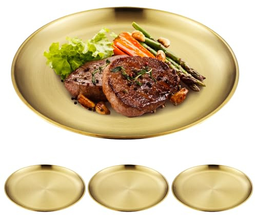 GOEDCH 4 vassoi dorati rotondi: 23 cm 201 in acciaio inox 201, piatto decorativo oro, vassoio rotondo Go ld, piatto in metallo per cucina, ristorante, caffetteria, campeggio, cucina, feste
