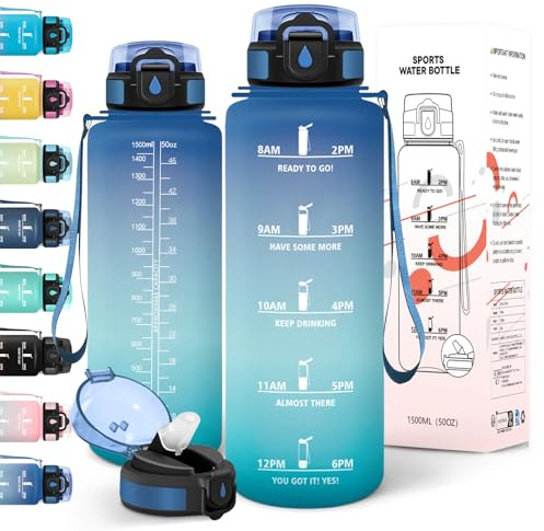 Motswedi botella 1 5 litros, con Pajita, Cantimplora, a Prueba de Fugas, Botella Agua Gimnasio, con Marcador de Tiempo, Cantimplora Gym, para Bicicleta, Yoga, camping, Deportes, Azul Verde