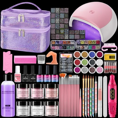 Deciniee Kit per unghie in acrilico: set in polvere acrilica con lampada UV, trapano elettrico per unghie, punte finte, 6 colori polvere + gel monomero, set per nail art in confezione regalo viola, da