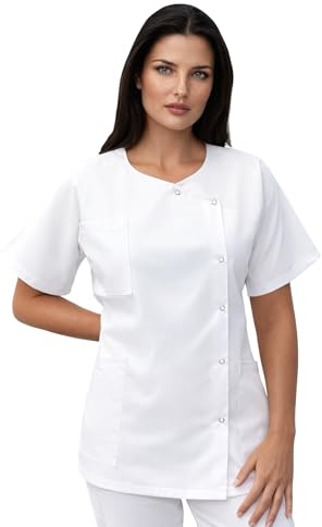 SRC Création Blouse Tunique Médicale Blanche pour Femme - Polycoton 65/35 - Oeko-TEX - Col Rond et Manches Courtes - XS - 0 - Blanc - Lot de 1