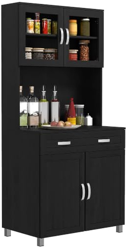 HOMCOM Buffet Haut Cuisine, Armoire de Cuisine, Tiroir, 80x48x170cm, Noir | Vaisselier, 4 Portes Dont 2 en Verre, Plan de Travail, Étagères Réglables, Meuble de Rangement pour Salon Salle à Manger
