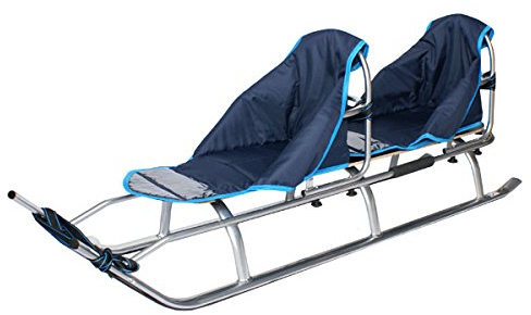 2in1 Kinder Duo Schlitten aus Aluminium mit Rückenlehne, Matrazen, LED für Kinder und Erwachsene 2 Personen Tragfähigkeit bis 100kg (Silver/Navy)