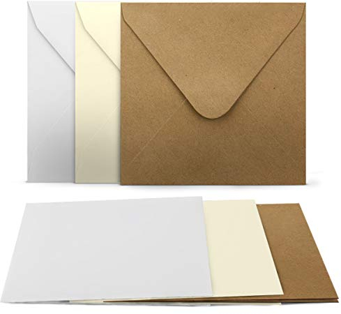 60 Faltkarten mit Umschläge Set - Quadratisch - 240 g/m² 220 g/m² - Weiss - Creme - Kraft - mit Blankokarten passenden Briefumschlägen - 120 g/m² 90 g/m² Nassklebung - Kuvert Karte
