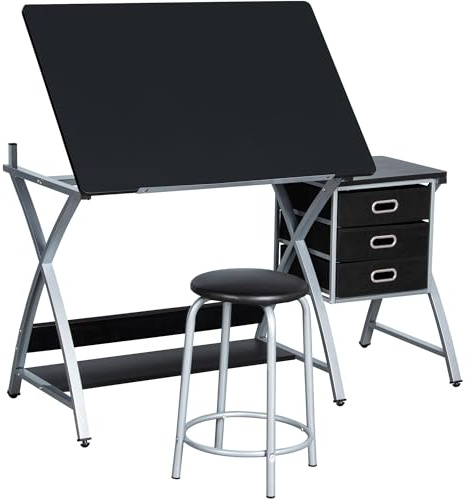 costoffs Adjustable Drawing Table Artist Table Desk Painting Desk w/Tiltable Tabletop, PU Stool, 3 Storage Drawers, Black+Silver
